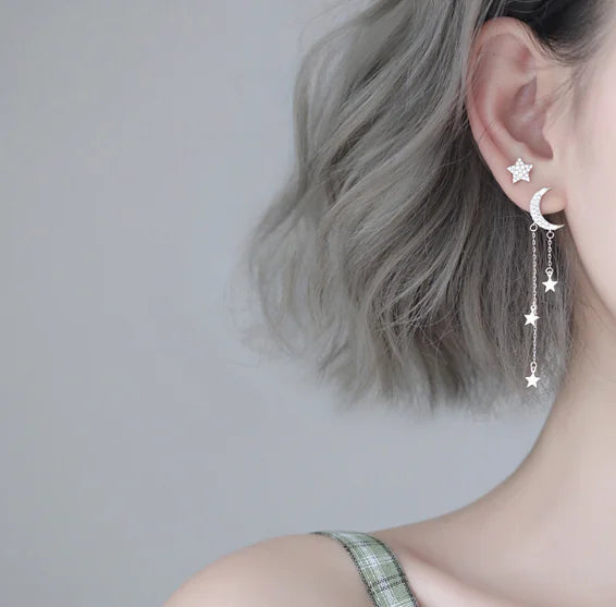 Aretes Asimétricos de Estrella y Luna en Plata S925