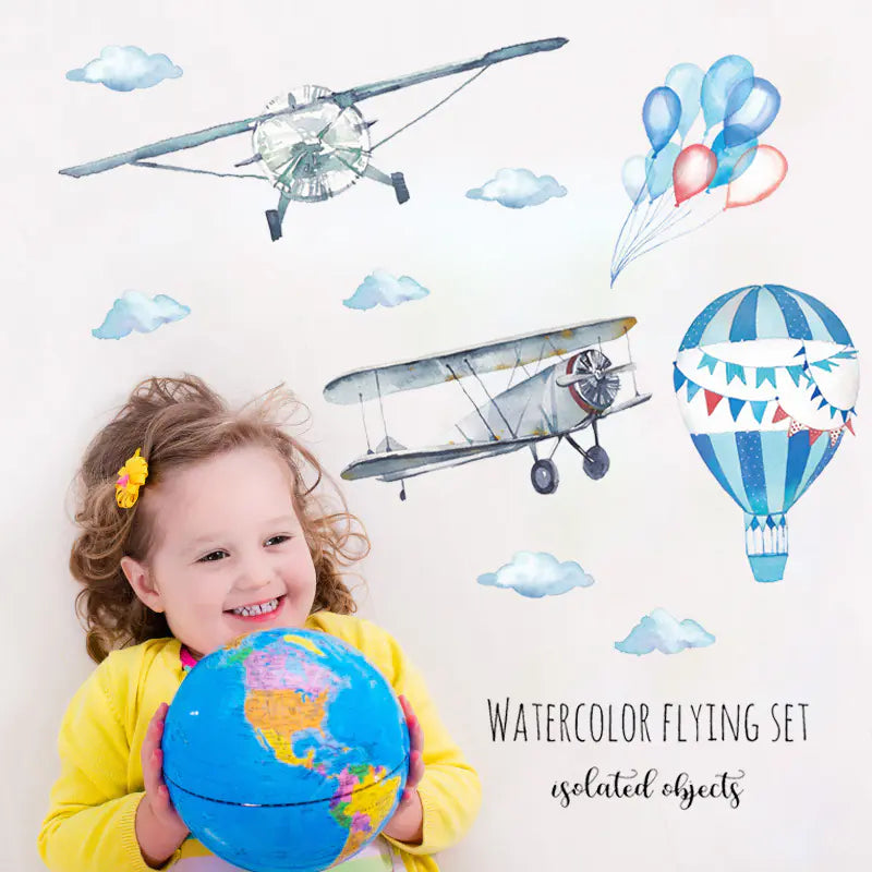 Watercolor Hand-Painted Airplane Balloon Wall Stickers