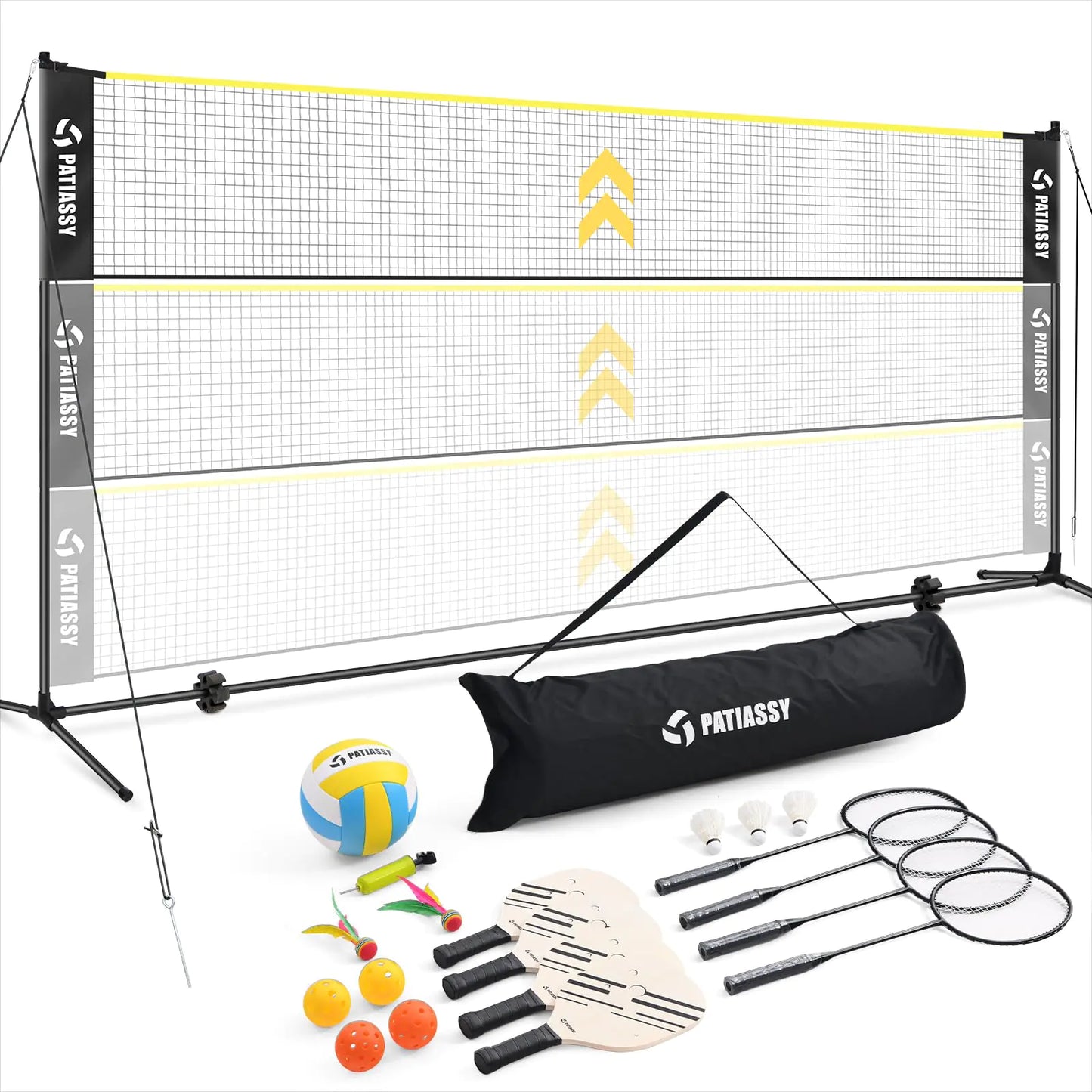 Conjunto de Red Ajustable de Altura de 5.1ft-7.4ft para Voleibol, Bádminton y Pickleball Patiassy, Incluye Red de 17ft con Postes, 4 Raquetas de Bádminton, 3 Volantes, 4 Palas de Pickleball y un Voleibol (Negro)