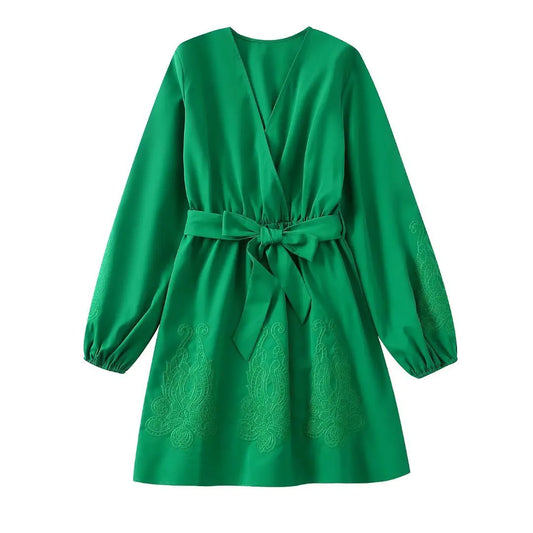 Women's V-neck Long Sleeve Green Belted Dress