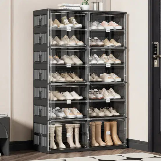 Dual-type Shoe Storage, Hard Plastic Stackable Shoe Box, Folding Shoe Rack With Magnetic Door