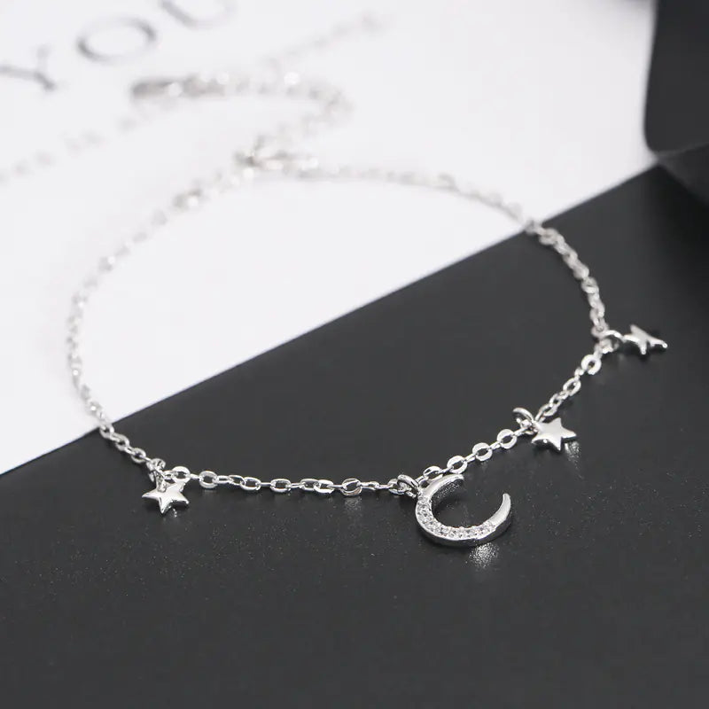 Pulsera de Plata S925 con Diseño de Estrella y Luna