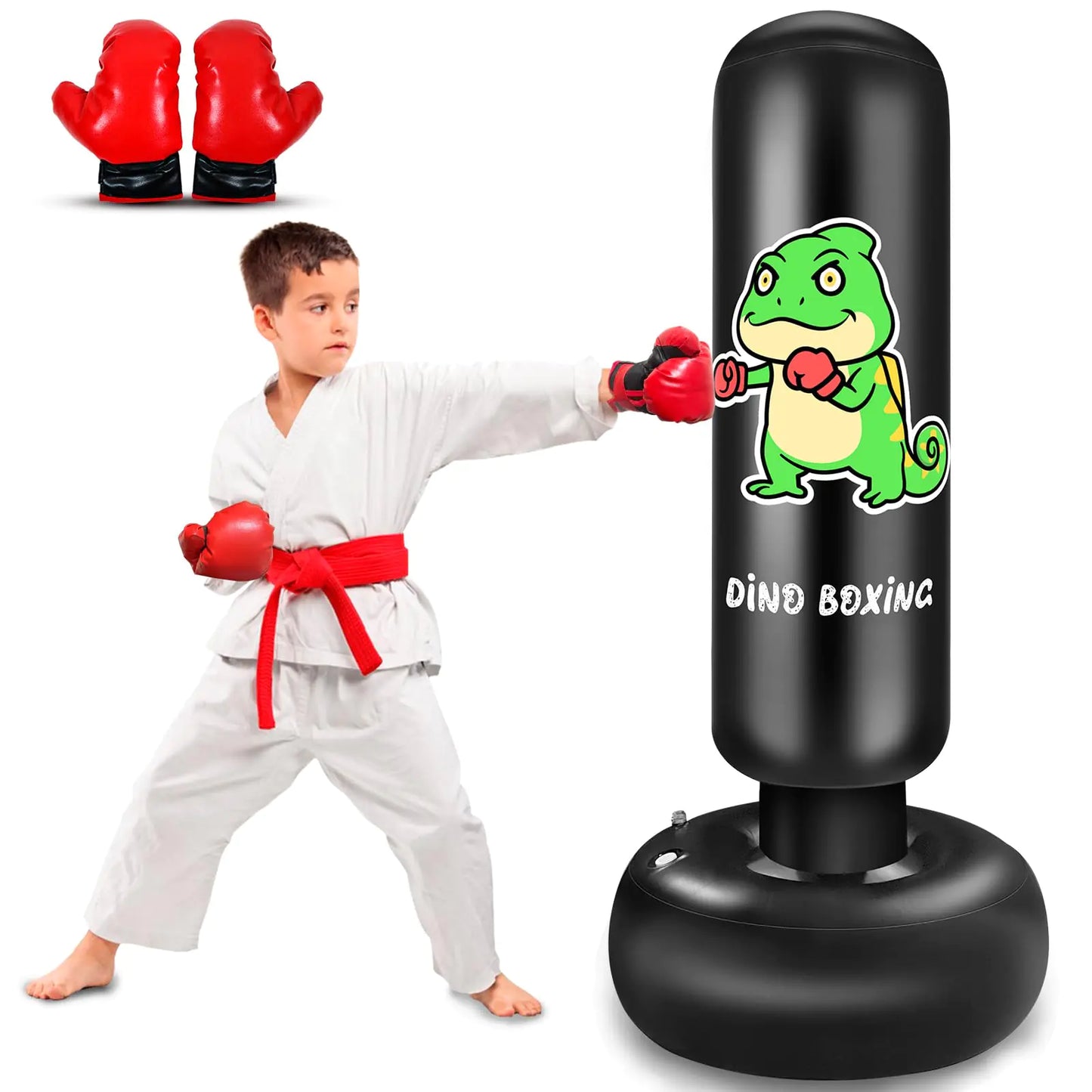 Saco de Boxeo Inflable para Niños de 65 Pulgadas con Guantes para Niños y Niñas, Set de Boxeo para Prácticas de Karate Taekwondo MMA (Dino)