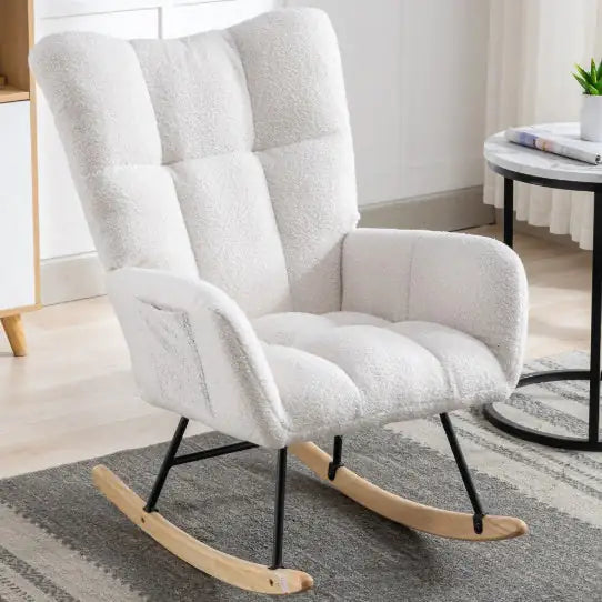 Sillón Mecedor con Bolsillos, Sillón Mecedor de Tela Teddy Suave para Guardería, Sillón Mecedor Golider Wingback Cómodo