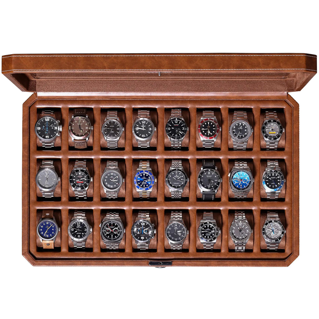 ROTHWELL 24 Slot Watch Case with Lock – Luxury Watch Box to Display and Organize Your Collection | Real Glass Top | Premium Storage for Watch Collectors (Tan/Brown)