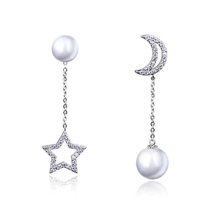 Aretes Asimétricos Largos de Estrella y Luna en Plata S925