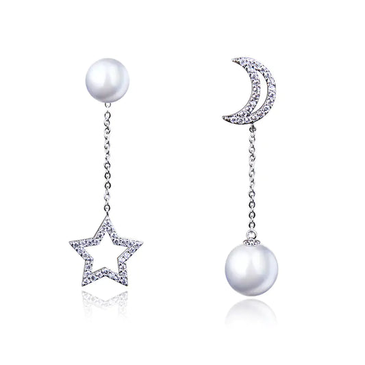 Aretes Asimétricos Largos de Estrella y Luna en Plata S925