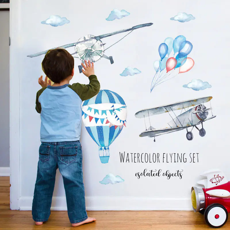 Watercolor Hand-Painted Airplane Balloon Wall Stickers