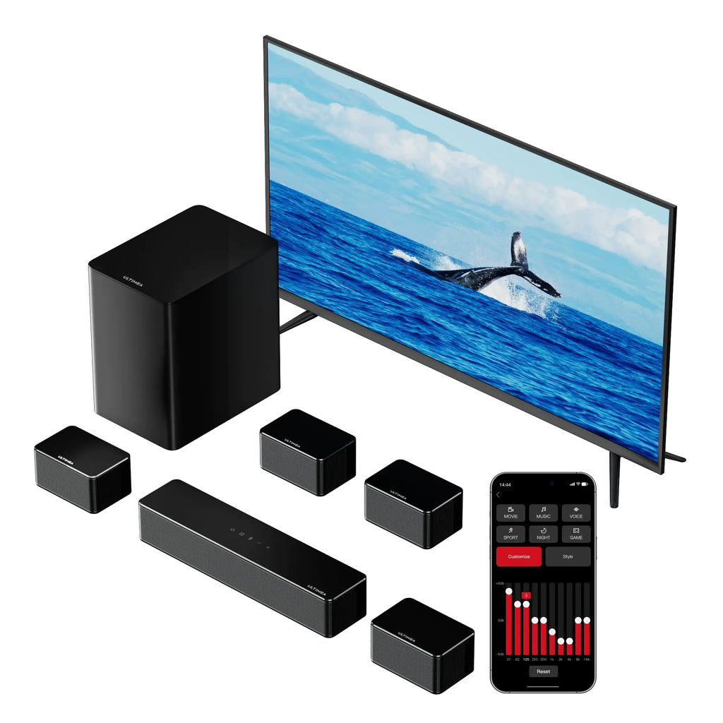 ULTIMEA Barras de Sonido 7.1 para TV Sistema de Sonido Envolvente Virtual 410W de Potencia Pico Control por Aplicación Barra de Sonido para TV Inteligente con Subwoofer Inalámbrico y 4 Altavoces de Sonido Envolvente por Cable Sistema de Cine en Casa 2024