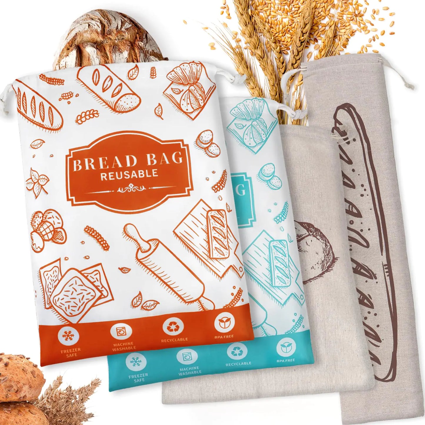 Paquete de 4 Bolsas para Pan Hecho en Casa Reutilizables con Forro de TPU para Almacenamiento de Pan de Masa Ácida, Baguettes, Conservación Fresca, Almacenamiento en Congelador, Esenciales para Hacer Pan en Casa y Regalos para Hornear