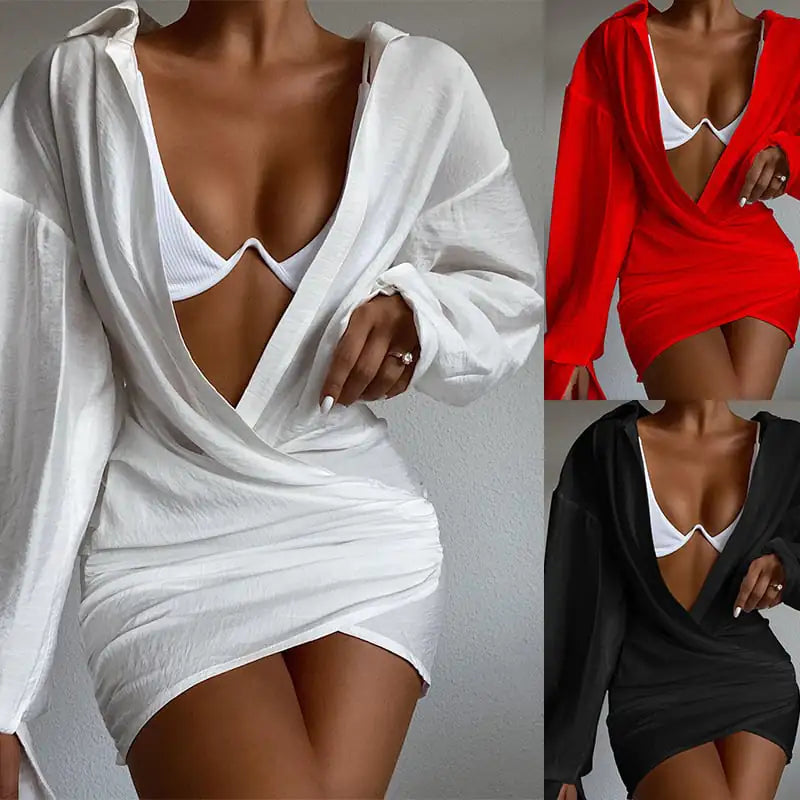 Vestido Mini de Manga Larga y Cuello en V Profundo de Color Sólido