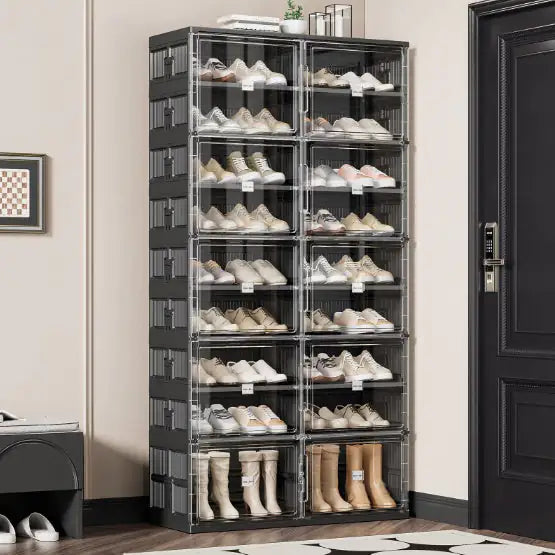 Dual-type Shoe Storage, Hard Plastic Stackable Shoe Box, Folding Shoe Rack With Magnetic Door