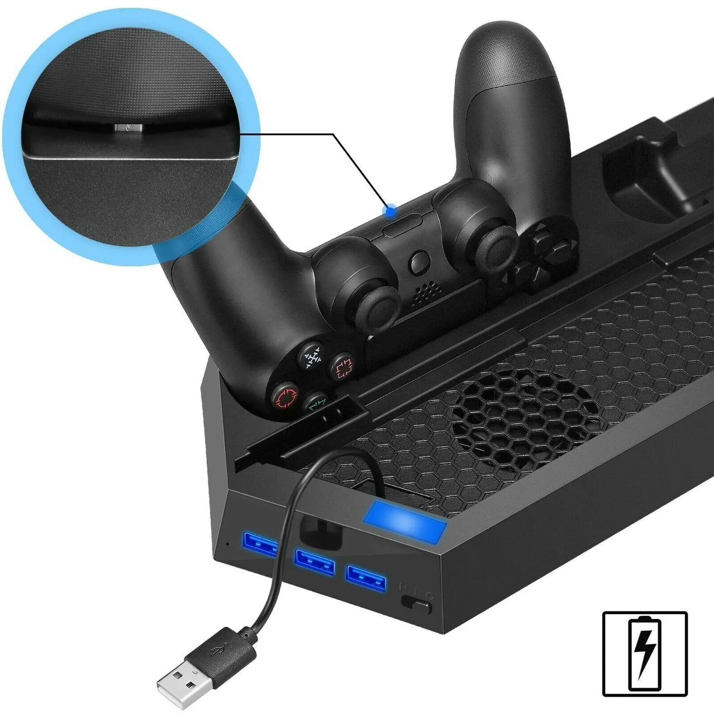 Base de Enfriamiento Vertical PS4 con Estación de Carga para 2 Controles para PlayStation 4